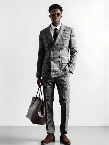 Men Business Plaid Suit Set Double Breasted Peak Lapel Polyester Blazer Trousers Top And Bottom For Banquet Wedding Party