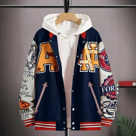 Men's American Vintage Varsity Jacket Streetwear Polyester Loose Hooded Baseball Jacket Printed Color Block Coat Top