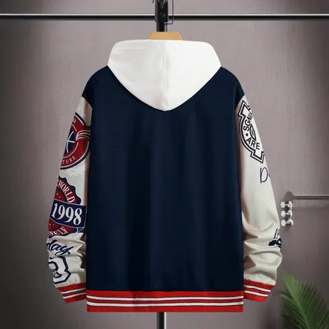 Men's American Vintage Varsity Jacket Streetwear Polyester Loose Hooded Baseball Jacket Printed Color Block Coat Top