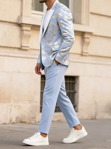 Men's Luxury Light Blue Gold Floral Bronzing Suit Set Slim Fit Peak Lapel 2 Piece Jacket And Pants Party Wedding Formal Blazer