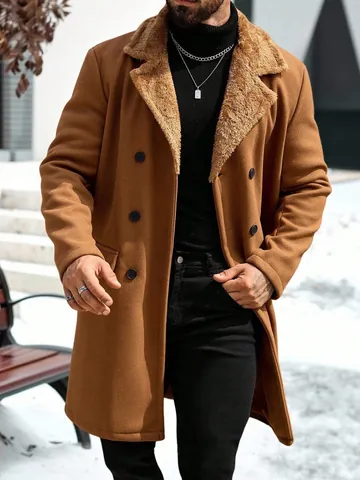 Men Winter Double Breasted Woolen Overcoat Fleece Lined Warm Lapel Long Peacoat For Cold Weather Fashion Outerwear Jacket