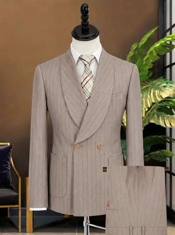 Men Business Gentleman Polyester Suit Top And Bottom Pinstripe Shawl Collar Double Breasted Slim Fit Formal Blazer Set