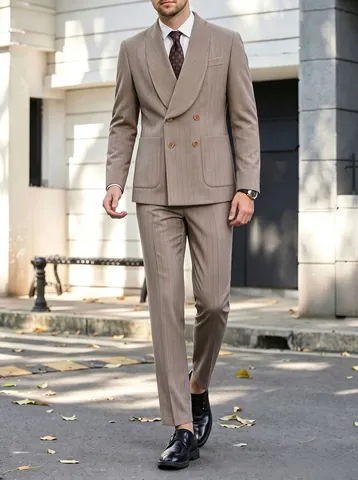Men Business Gentleman Polyester Suit Top And Bottom Pinstripe Shawl Collar Double Breasted Slim Fit Formal Blazer Set
