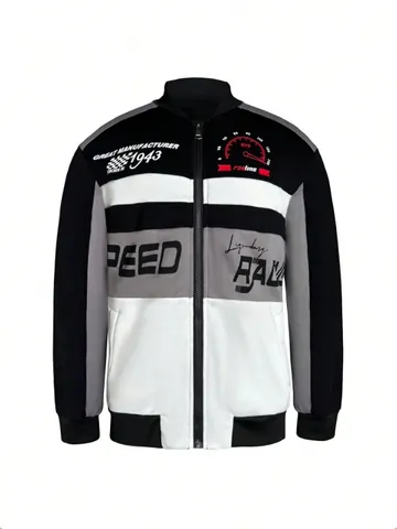 Men Racing Style Patchwork Jacket Streetwear Fashion Color Block Windproof Zipper Baseball Jacket Autumn Outerwear Top