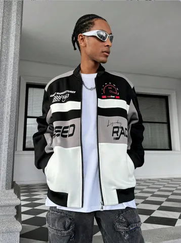 Men Racing Style Patchwork Jacket Streetwear Fashion Color Block Windproof Zipper Baseball Jacket Autumn Outerwear Top