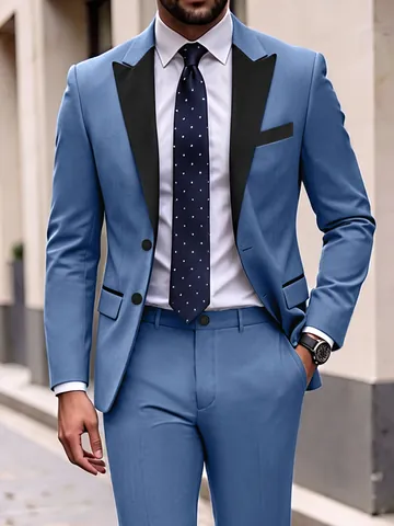 Men's Formal Business Suit Set Slim Fit Contrast Peak Lapel Tuxedo For Wedding Banquet Professional Polyester Top And Bottom