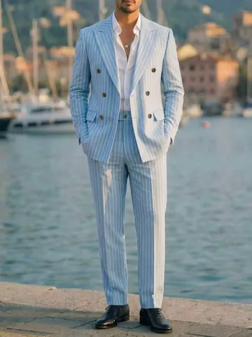 Men Polyester Pinstripe Suit Top And Bottom Double Breasted Peak Lapel Formal Business Suit For Wedding Banquet Banquet