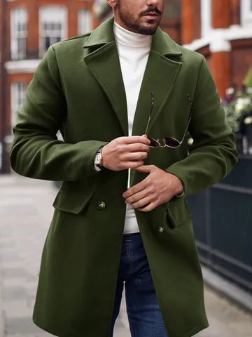 Manteau Homme à Double Boutonnage Aspect Laine Col à Revers Trench-coat Long Automne Hiver Casual Business Mode Style Urbain Top