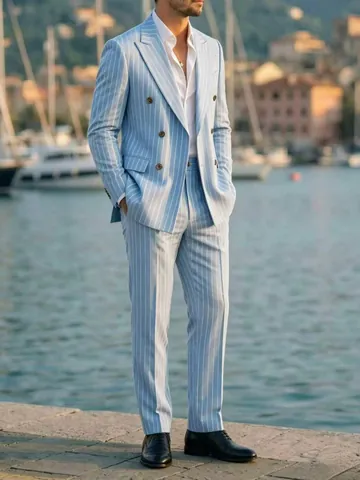 Men Polyester Pinstripe Suit Top And Bottom Double Breasted Peak Lapel Formal Business Suit For Wedding Banquet Banquet