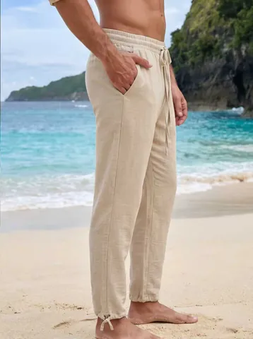 Men Casual Polyester Straight Leg Pants Drawstring Loose Fit Solid Color Summer Beach Lightweight Trousers American Style Joggers