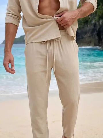 Men Casual Polyester Straight Leg Pants Drawstring Loose Fit Solid Color Summer Beach Lightweight Trousers American Style Joggers