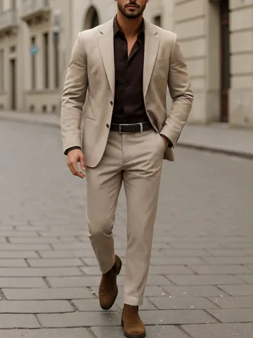 Men's Business Top And Bottom Blazer And Pants Professional Formal Suit Single Breasted Button Jacket Straight Trousers For Banquet Wedding Khaki Black