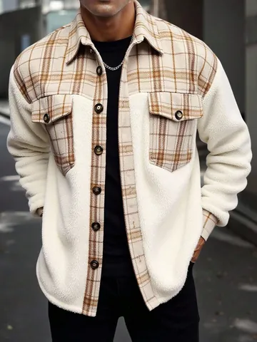 Men Plaid Patchwork Plush Jacket Streetwear Faux Shearling Outerwear Turn-down Collar Button Up Coat Casual Winter Clothing Top