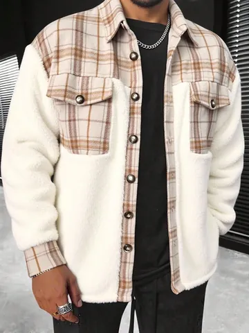Men Plaid Patchwork Plush Jacket Streetwear Faux Shearling Outerwear Turn-down Collar Button Up Coat Casual Winter Clothing Top