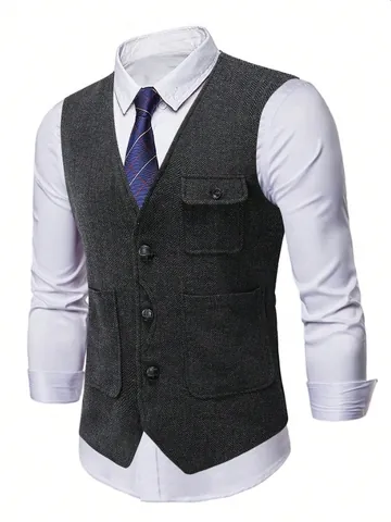 Men Business Casual Herringbone Vest Single Breasted Multi Pocket Slim Fit Polyester Vest British Style Dress Waistcoat Top