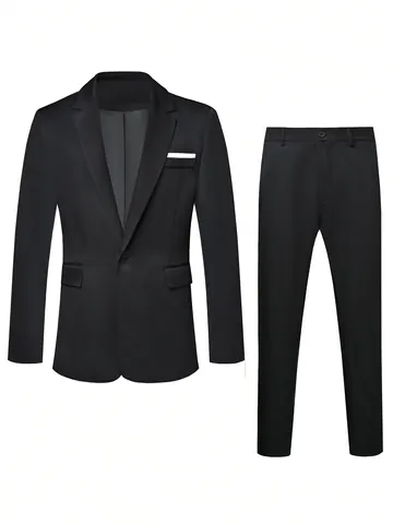 Men Business Suit Set Slim Fit Formal Wedding Blazer And Trousers Top And Bottom Professional Gentlemen Single Button Black