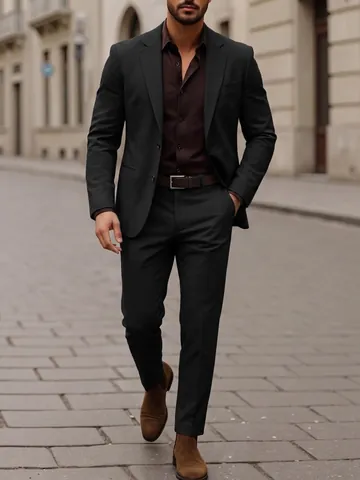 Men's Business Top And Bottom Blazer And Pants Professional Formal Suit Single Breasted Button Jacket Straight Trousers For Banquet Wedding Khaki Black
