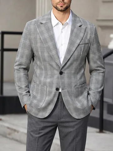 Men's Plaid Suit Jacket Peak Lapel Single Breasted Two Button Business Casual Blazer With Large Pockets Formal Top