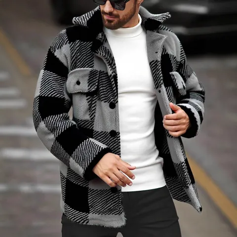 Men Mid-length Plaid Fleece Jacket Coat Casual Color Block Flannel Outerwear Top For Winter Autumn Streetwear