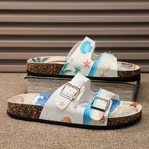 Sommer Strand Sandalen Pantoletten Doppel Schnalle Riemen Tropisch Druck Mikrofaser Gummi Weiche Sohle Rutschfest Schuhe Damen Herren