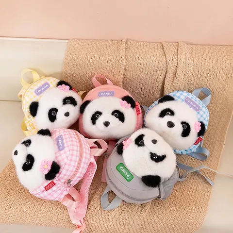Cute 3D Panda Plush Backpack For Kids Kindergarten School Bag Gingham Star Pattern Children Travel Mini Storage Bag