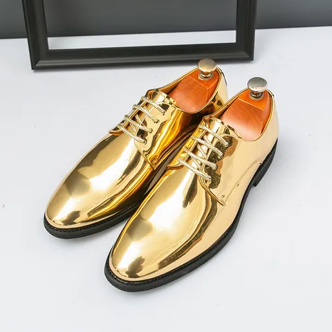 Men's Metallic Shiny PU Leather Pointed Toe Oxford Shoes Large Size 50 Business Formal Dress Shoes For Wedding Stage Performance