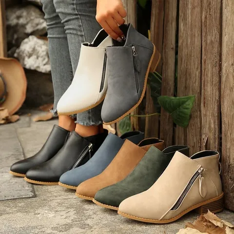 Botines con Cremallera Lateral para Mujer Cuero Sintético Tacón de Bloque Bajo Punta Redonda Botas Martin Estilo Británico Zapatos Casuales