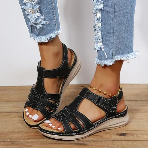 Women Vintage Roman Wedge Sandals Lightweight Soft Sole Cross Straps Beach Sandals Contrast Stitching Casual Comfort Summer Shoes