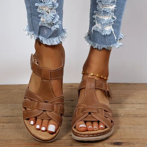 Women Vintage Roman Wedge Sandals Lightweight Soft Sole Cross Straps Beach Sandals Contrast Stitching Casual Comfort Summer Shoes