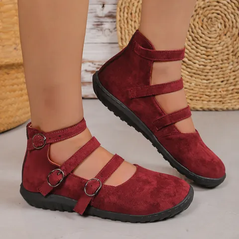 French Vintage Suede Mary Jane Flats For Women Triple Buckle Square Toe Shallow Mouth Casual Ballet Shoes Burgundy Black