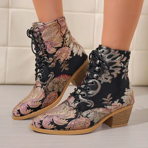 Vintage Floral Embroidered Satin Ankle Boots For Women Pointed Toe Lace Up Chunky Block Heel Fashion Booties Ladies Shoes