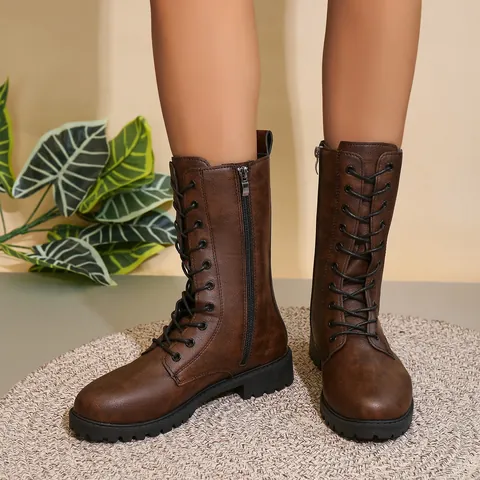 Women Mid-Calf British Style Knight Boots Round Toe Side Zipper Lace Up Chunky Heel PU Leather Retro English Fashion Boots