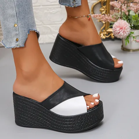 Dames Sleehak Platform Pantoffels Zomer Casual Strandschoenen Open Teen Synthetisch Leer Geweven Textuur Zool Sandalen