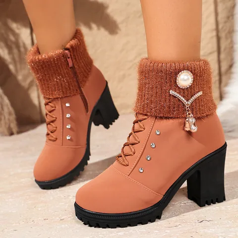 Women Chunky High Heel Ankle Boots Knit Cuff Martin Boots Rhinestone Artificial Pearl Pendant Fashion Winter Boots