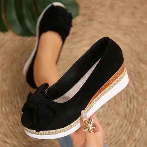 Women's Casual Wedge Platform Loafers Linen Bowtie Decoration Round Toe Slip-On Breathable Comfortable Height Increasing Shoes