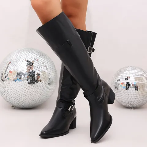 Women's Pointed Toe Block Heel Tall Boots Fashion Buckle Strap PU Leather Western Knee High Boots For Casual Party Wear