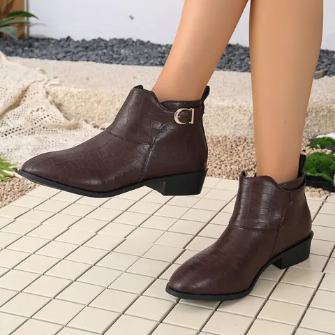 Women Western Croc-Effect Ankle Boots Pointed Toe Low Block Heel Boots Side Buckle PU Leather Retro Short Booties For Daily Wear