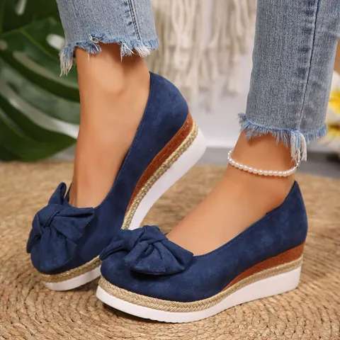 Women's Casual Wedge Platform Loafers Linen Bowtie Decoration Round Toe Slip-On Breathable Comfortable Height Increasing Shoes