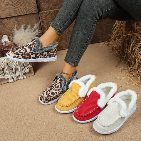 Damen Cord Kunstfell Gefüttert Moccasin Hausschuhe Lässige Flache Loafer Leopardenmuster Warm Winter Outdoor Indoor Bequeme Schuhe