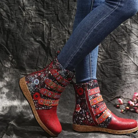 Women Bohemian Ethnic Floral Embroidery Martin Boots Retro Faux Leather Side Zipper Buckle Flat Short Boots Plus Size Shoes