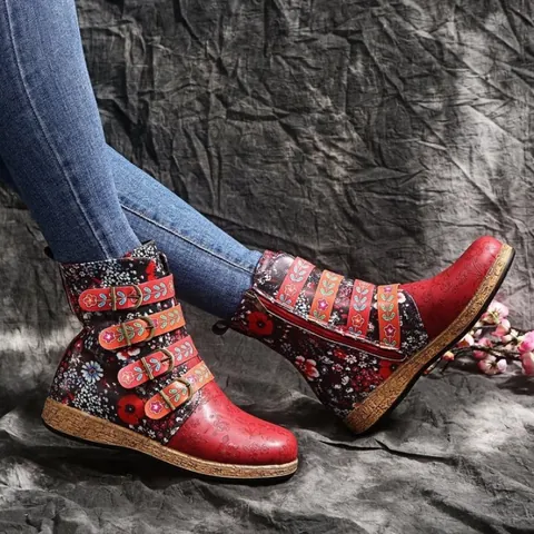 Women Bohemian Ethnic Floral Embroidery Martin Boots Retro Faux Leather Side Zipper Buckle Flat Short Boots Plus Size Shoes