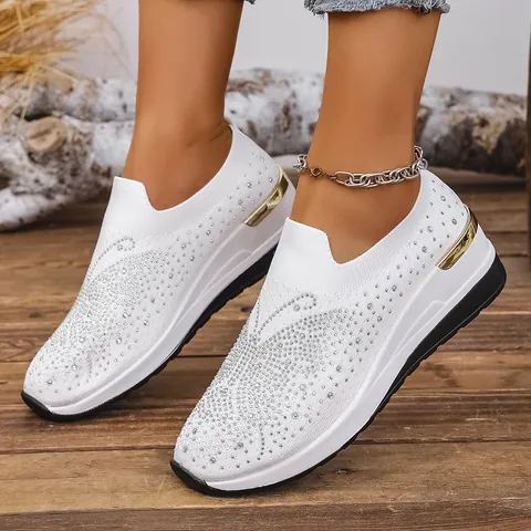 Chaussures Compensées Flyknit à Strass pour Femmes Respirantes à Enfiler Semelle Épaisse Baskets Décontractées Grande Taille Bout Rond Chaussures de Mode