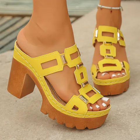 Damen Keilabsatz Plateau Sandalen Fischmaul Sommer Pantoletten PU Leder High Heels Mit Metallschnalle Casual Schuhe