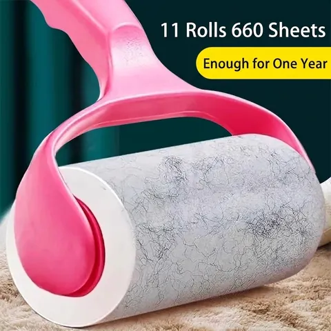 Pink Lint Roller For Clothes Pet Hair Remover Manual Tear-Off Adhesive Paper Roll With Ergonomic Handle Cleaning Tool