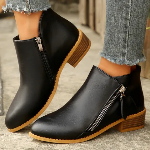 Women Pointed Toe Chunky Heel Ankle Boots Double Zipper Western Style Synthetic Leather Martin Boots Autumn Fashion Boots