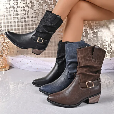 Women Western Cowboy Mid Calf Boots Spliced Faux Leather Leopard Pattern Knight Boots Mid Heel Round Toe Side Zip Buckle Fashion Shoes