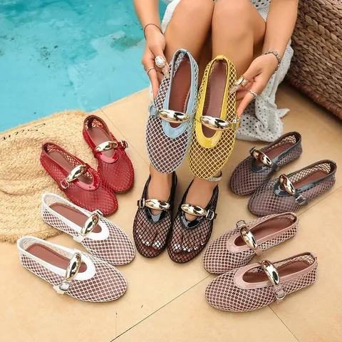 Bailarinas de Malla Transpirable para Mujer Zapatos Mary Jane Calados Hebilla de Metal Dorado Verano Mocasines Casuales Planos