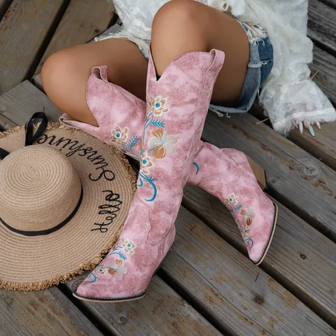 Women's Western Cowboy Boots V-Cut Floral Embroidery Pointed Toe Block Heel Riding Boots Retro Faux Leather Tall Boots