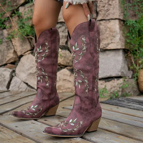 Women's Western Cowboy Boots V-Cut Floral Embroidery Pointed Toe Block Heel Riding Boots Retro Faux Leather Tall Boots