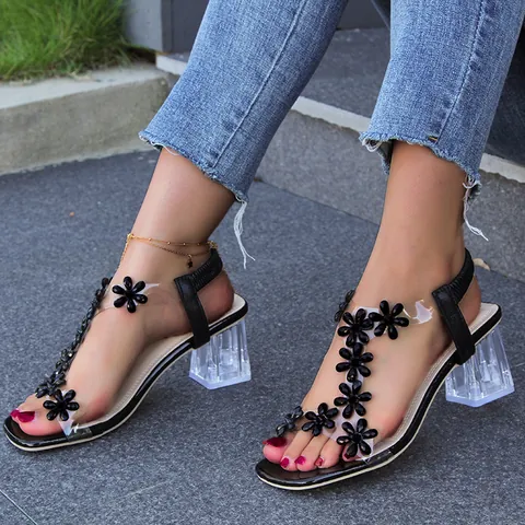 Women Rhinestone Butterfly Sandals Fashion Square Toe Transparent PVC Crystal Block Heel Fairy Style Dress Sandals For Party